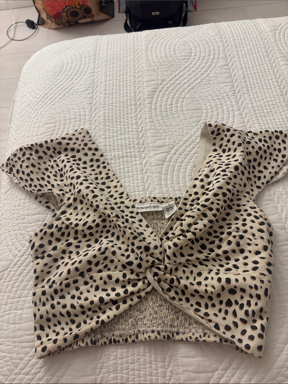 Midnight Sky Beige Animal-Print Tie-Front Crop Top